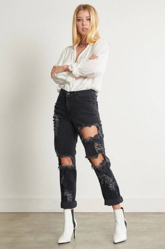 Mia Distressed Mom Jeans (dark) - Style Baby OMG Fashion Boutique - Stylebabyomg - Buy - Aesthetic Baddie Outfits - Babyboo - OOTD - Shie 